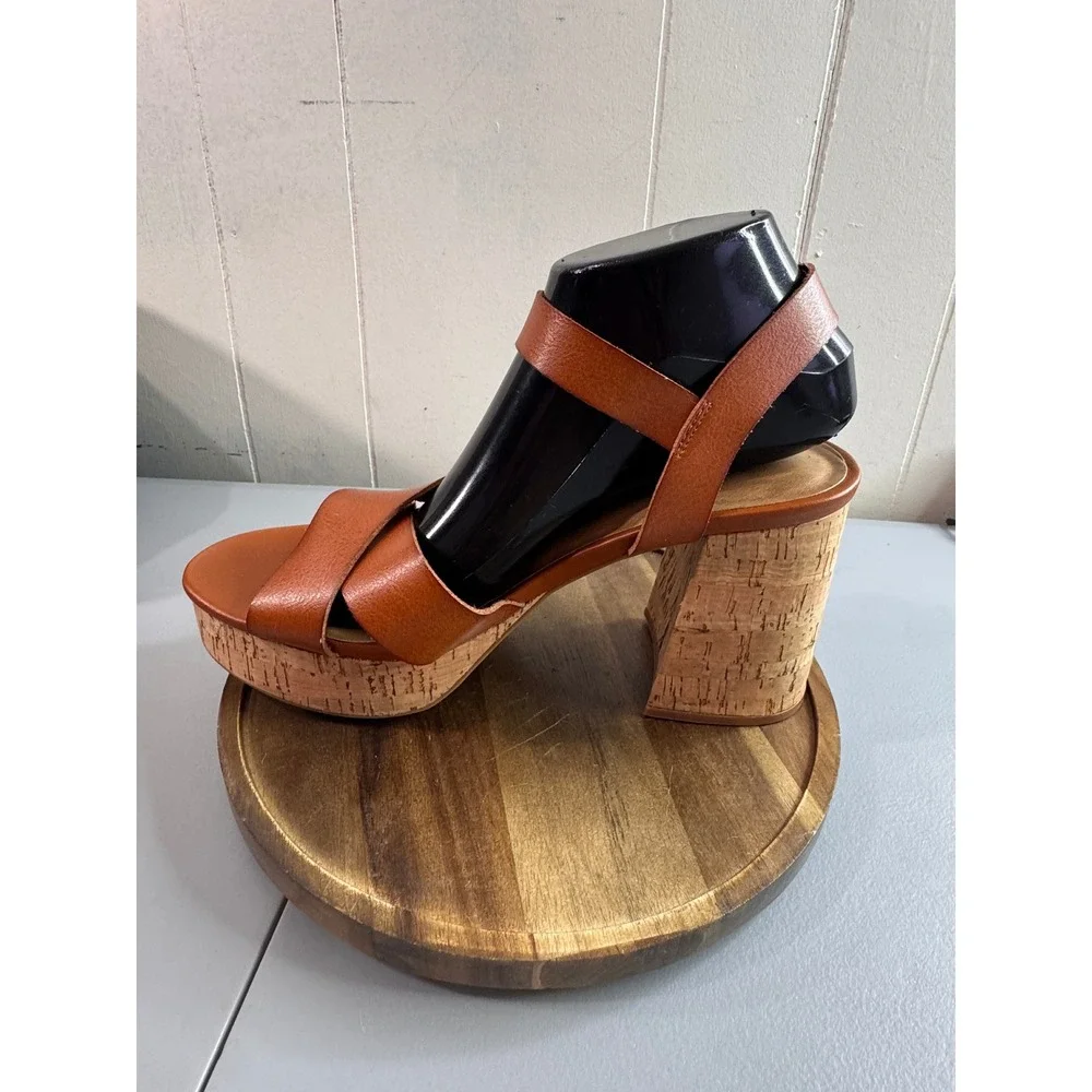 Platform Sandals Womens 8.5 Brown Cork Block Heel Buckle Ankle Strap EUC